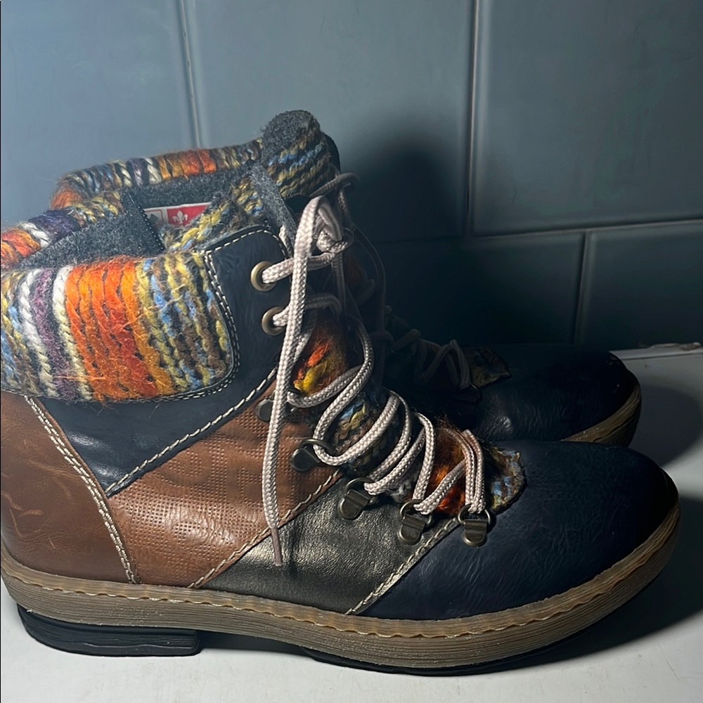 Rieker Women's Black and Brown Lace-Up Boots with Colorful Knit